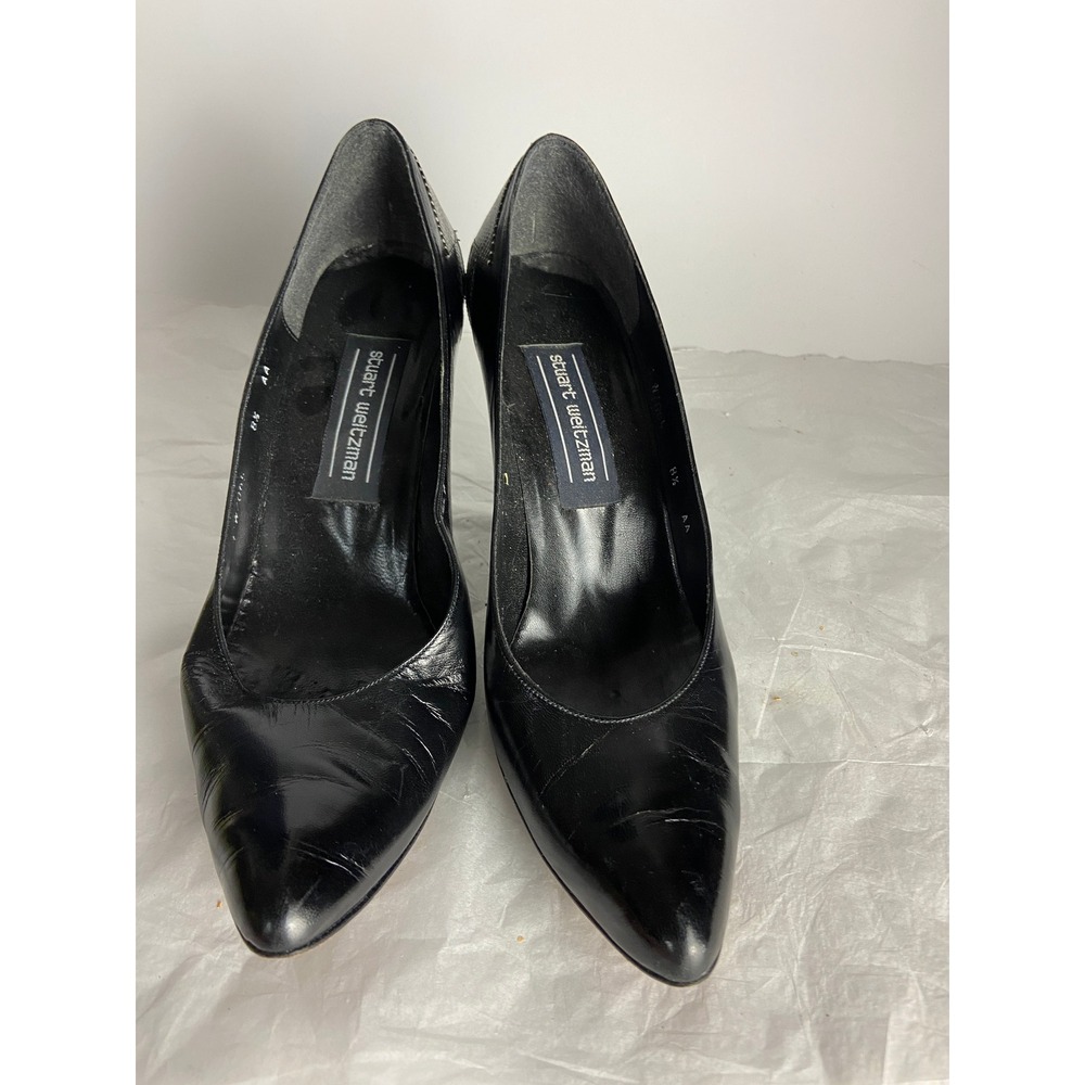 Stuart Weitzman Black Leather Pointed Toe Heels Silver Trim Size 8.5